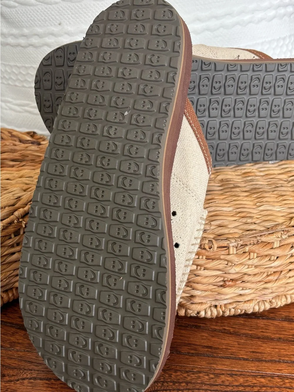 Sanuk Men’s Beige Canvas Slip-On Sandal with Brown Footbed